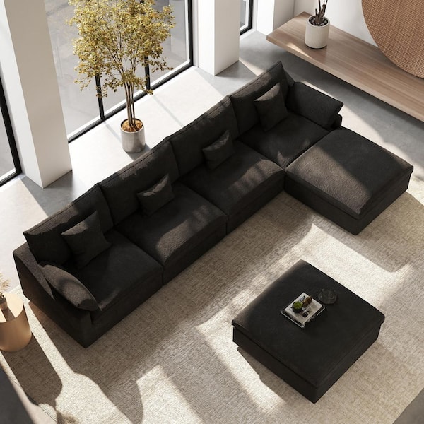 156 in. Square Arm Linen 6-Piece Free Combination Comfy Couch Cloud Modular Sectional Sofa with Storage Ottoman in Black