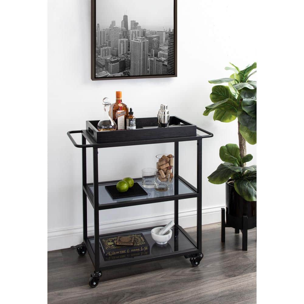 Black Metal Bar Cart with Glass Shelves and Tray