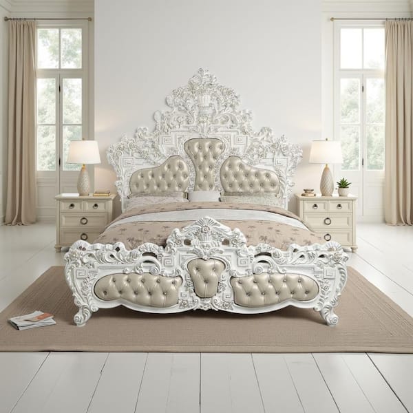 Kin Beige, White and Gold Composite Wood Frame King Platform Bed with Tufted Upholstered Headboard