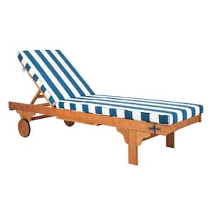 Newport Natural Brown 1-Piece Wood Outdoor Chaise Lounge Chair with Navy/White Cushion