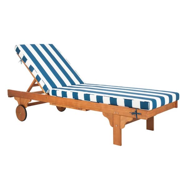 SAFAVIEH Newport Natural Brown 1-Piece Wood Outdoor Chaise Lounge Chair with Navy/White Cushion