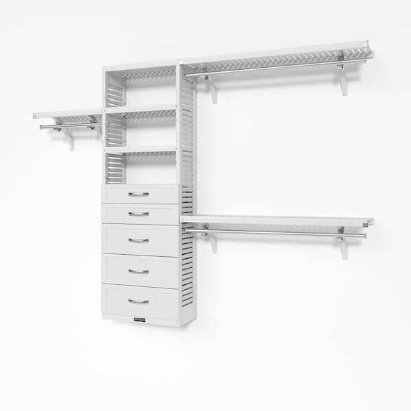 72 in. W - 120 in. W White Reach in with 5 Shaker Style Drawers 12 in. Shelf Wood Closet System