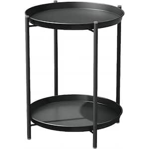 Steel Patio Side Table 2-Tier, Weather Resistant Outdoor Round End Table in Black