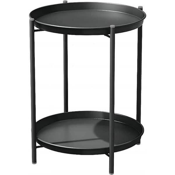 Cubilan Steel Patio Side Table 2-Tier, Weather Resistant Outdoor Round End Table in Black