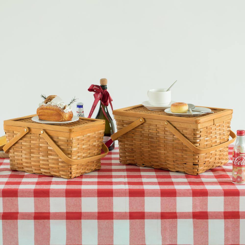 Natural Woodchip Woven Picnic Basket Set with Movable Handles