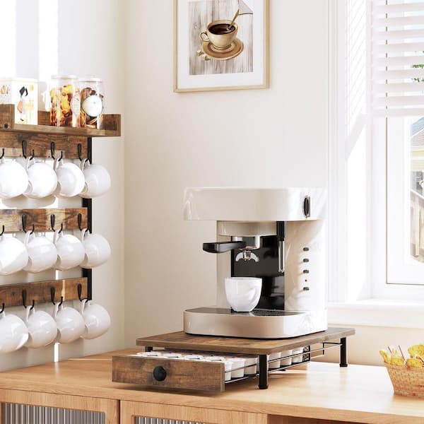 Rustic Brown Coffee Pod Organizer Drawer with Sliding Mesh Basket for K Cup Storage, Space-Saving Countertop