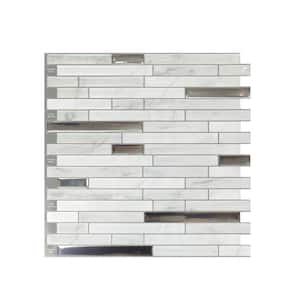 12 in. x 12 in. Vinyl Peel and Stick Wall Tile Backsplash for Kitchen, Marble White with Metal Silver (10-Pack)