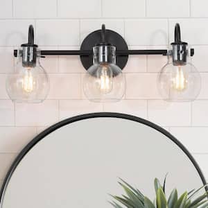 Modern 22 in. 3-Light Black Bathroom Vanity Light with Clear Glass Globe Shades Classic Wall Sconce for Damp Location
