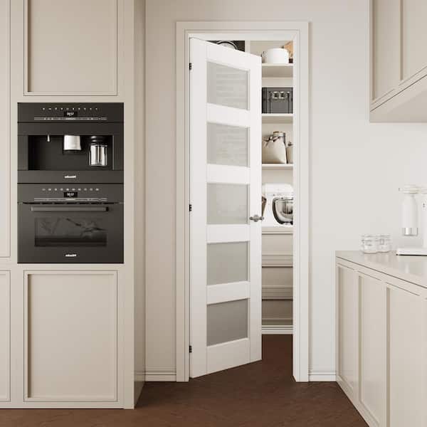 18 in. x 80 in. Solid Core 5-Lite Tempered Frosted Glass White Primed Glass Interior Door Slab