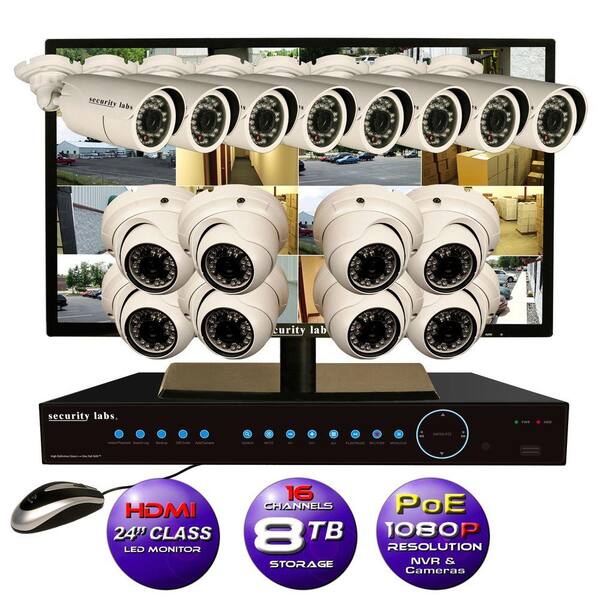 Security Labs 16CH Pro High Definition 1080P IP POE-NVR Surveillance System with 8TB Hard Drive, 16 Cameras, and 24in HDMI LED Monitor