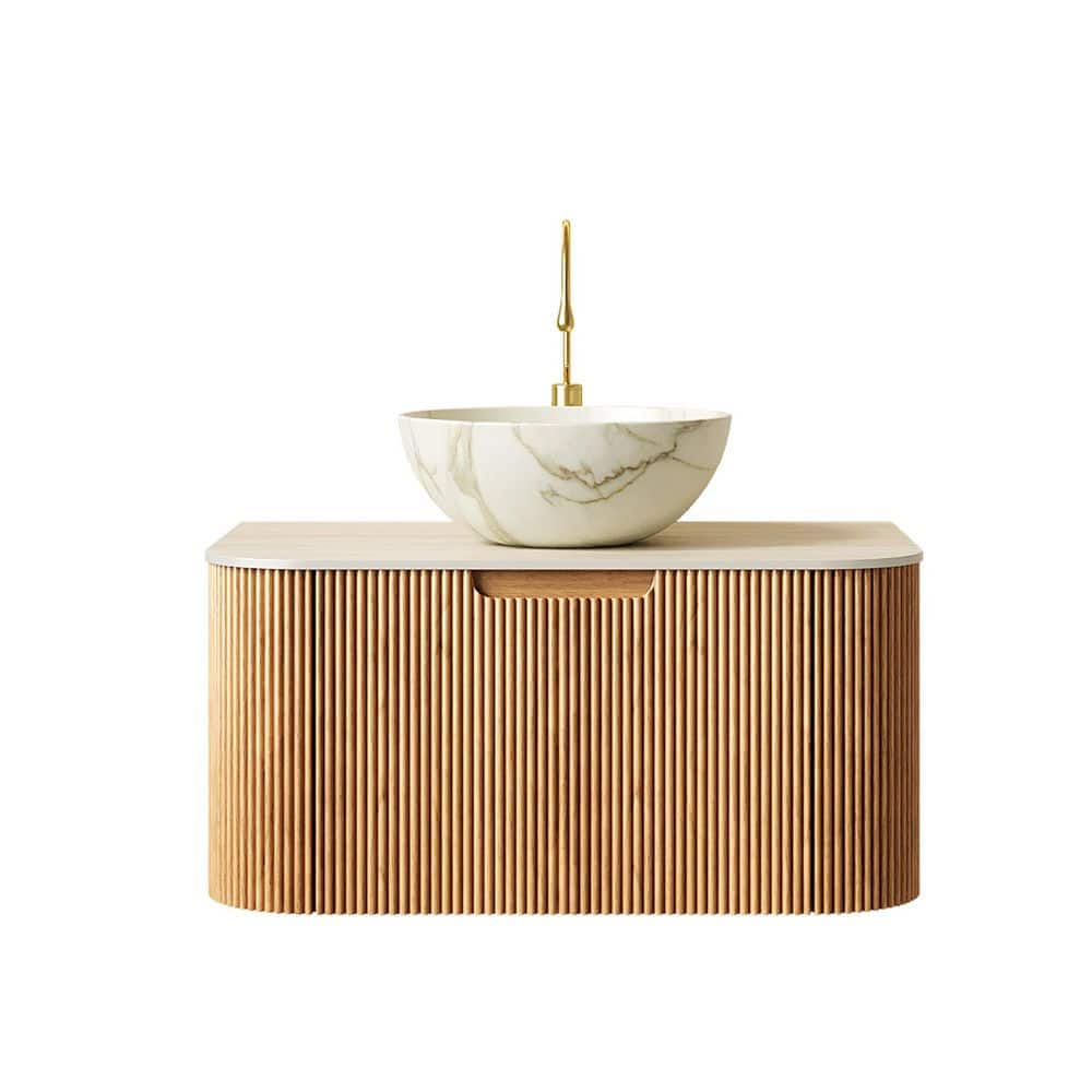 30 in. Floating Natural Wood Bath Vanity with Stone White Ceramic Top price history on PriceWatchPro