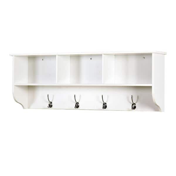 Miscool White Entryway Wall Mounted Coat Rack with 4 Dual Hooks Living Room Wooden Storage Shelf