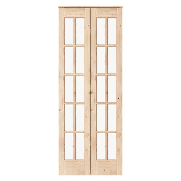 30 in. x 80 in. Pre Assembled Clear Glass Solid Core Wood Spruce Bi-fold Door with Hardware