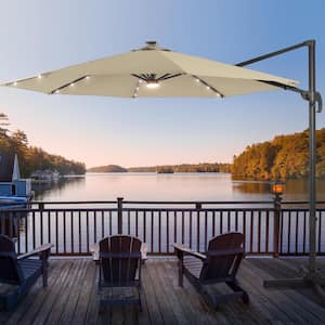 10 ft. Solar LED Sand Cantilever Patio Umbrella with Cross Base, Outdoor Offset Hanging 360°