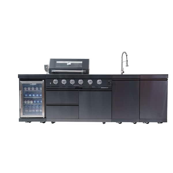 46 in. Black 4-Burner Propane Gas Grill Island Outdoor Kitchen with Rotisserie kit Refrigerator Sink in Stainless Steel