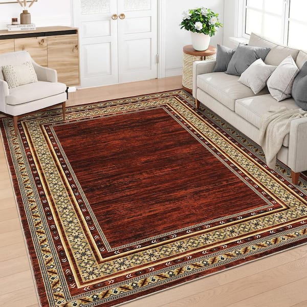 Red 8 ft. x 10 ft. Washable Bordered, Non Slip Low Pile Non Shedding Stain Resistant Rug for Living Room Area Rug