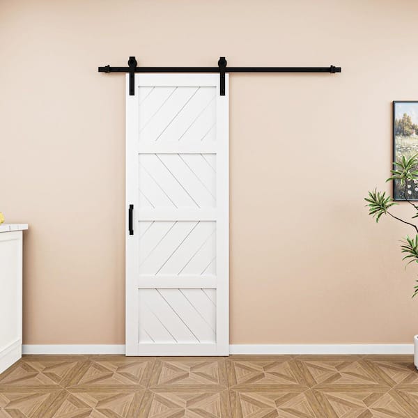 30 in. x 84 in. White 4 Lite Wave Pattern Finished MDF Sliding Barn Door with Hardware Kit and Soft Close