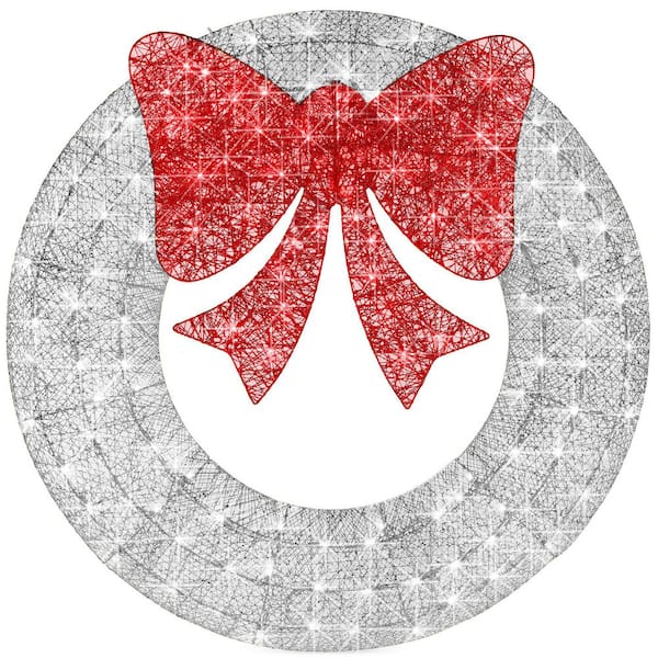 36 in. Pre-Lit LED Metal Outdoor Artificial Christmas Wreath with 120 Lights and Silver/Red Bow