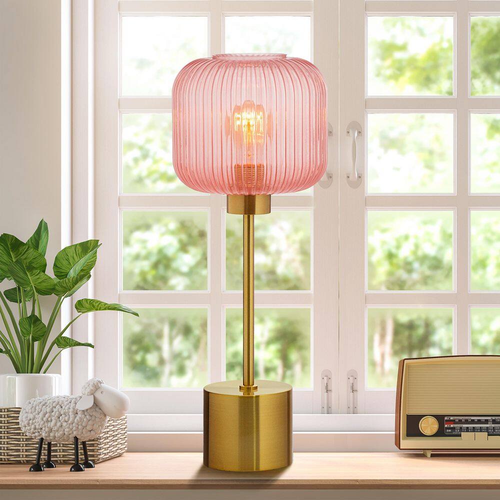 21.25" Brushed Gold Metal Table Lamp with Pink Glass Shade