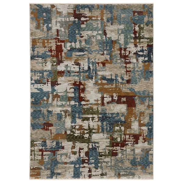 7 ft. x 10 ft. Beige Rust And Teal Abstract Distressed with Fringe Area Rug