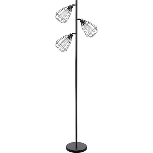Aspen Creative Corporation 70.25 in. Matte Black Industrial 3-Light Non-Dimmable Standard Floor Lamp for Living Room with Metal Wire Shade