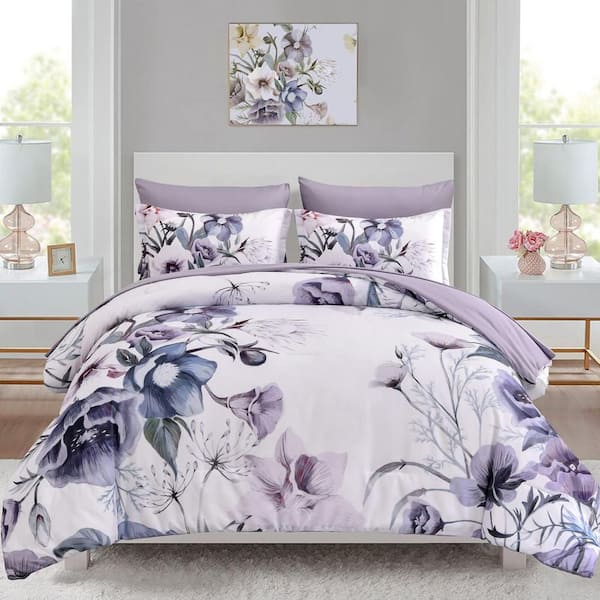 Floral 7-Piece Purple Microfiber Queen Comforter Set Bed in a Bag