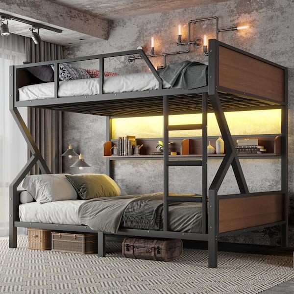 Black Queen over Queen Bunk Bed with Storage Shelves and Lights