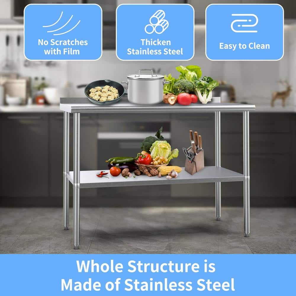 48" Stainless Steel Work Table with Galvanized Undershelf and Backsplash