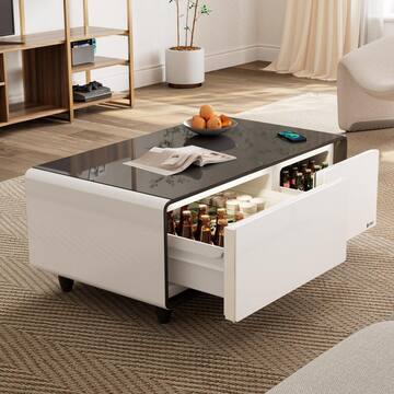 Eureka Ergonomic 41 in. White Rectangle Tempered Glass Smart Coffee Table with Fridge Wireless Charging, USB, Electric outlet ERK-CT-004