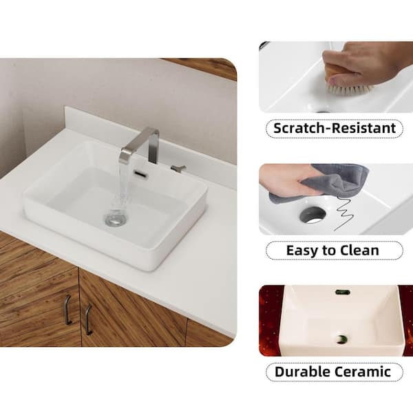 Semi Recessed Vessel Bathroom Sink 16 in. x 12 in. Round Corner White Ceramic Rectangular Basin with Overflow
