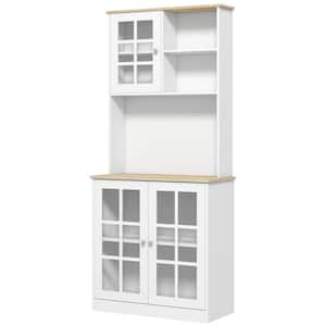 72 in. Wood Pantry Organizer with Hutch, Large Countertop, Glass Doors and Adjustable Shelves in White