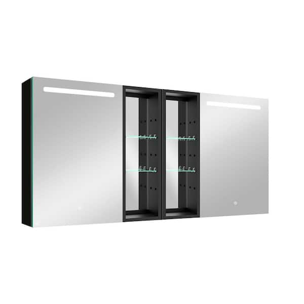 Unbranded 60 in. W x 30 in. H Dimmer Black Aluminum Surface Mount Double Door Lighted Medicine Cabinet with Mirror