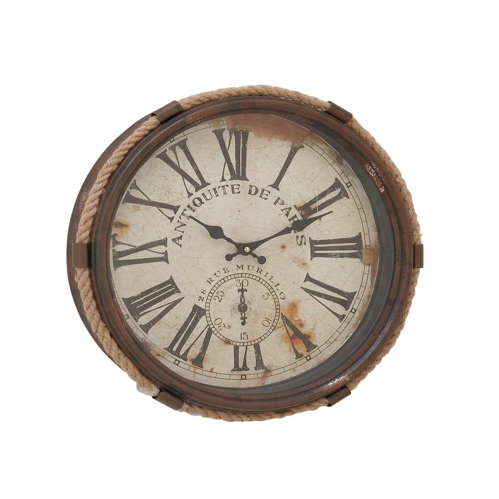 17" Brown Metal Wall Clock with Rope Frame and Distressed Cream Face