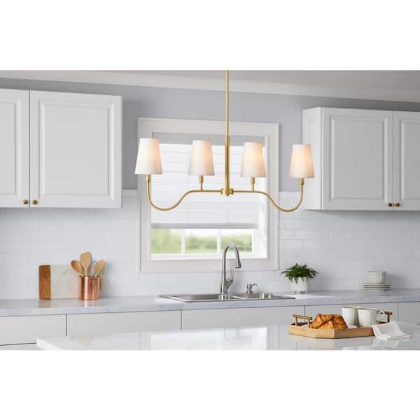 Vernon Hills 4-Light Antique Brass Island Pendant Light with White Linen Shades