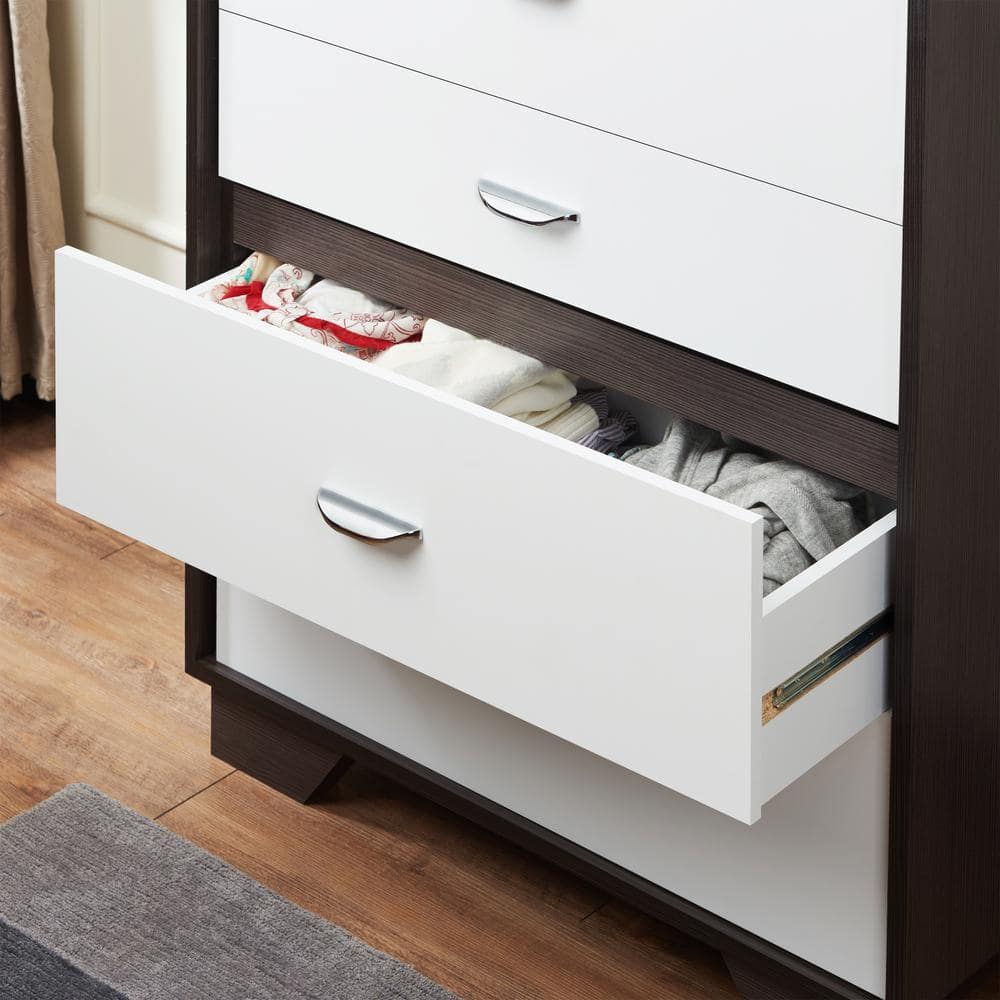 Eloy Industrial Vertical Storage Chest with Soft Close Drawers, White & Espresso