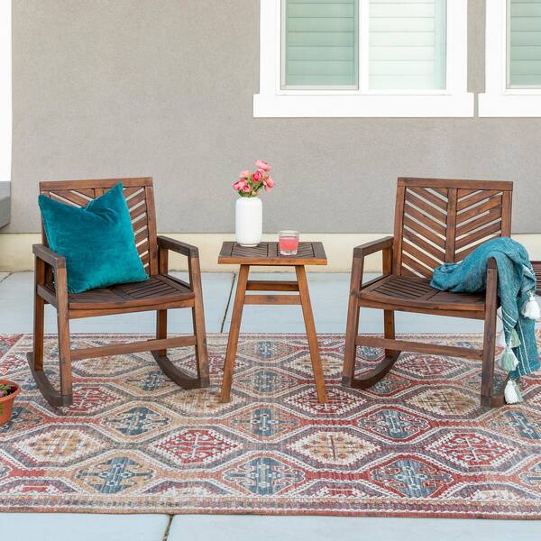 Walker Edison Furniture Company Dark Brown 3-Piece Rocking Wood Outdoor Chair Chat Set