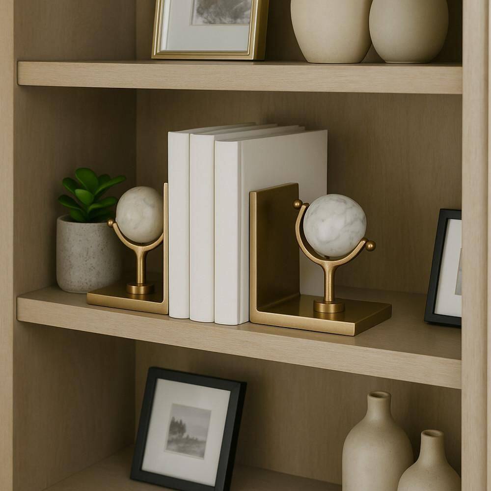 Gold 11.25 in. x 6.5 in. Metal Bookends with Marble Sphere (Set of 2)