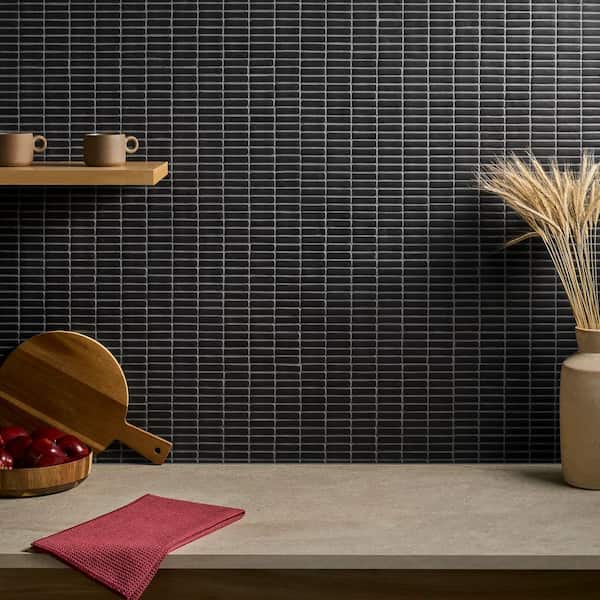 Ivy Hill Tile Nova Black 4 in. x 0.23 in. Mini Brick Frosted Glass