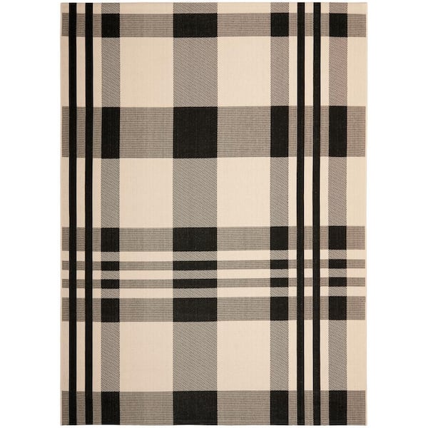 Courtyard Black/Bone 8 ft. x 11 ft. Striped Indoor/Outdoor Patio Area Rug