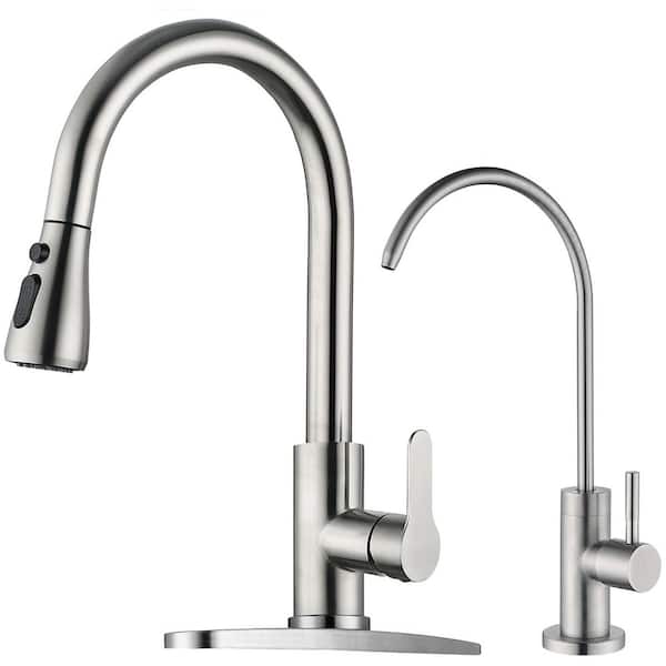 Modern 17 in. Single-Handle Pull-Down Sprayer Kitchen Faucet with Beverage Faucet 360° Spout Swivel in Brushed Nickel