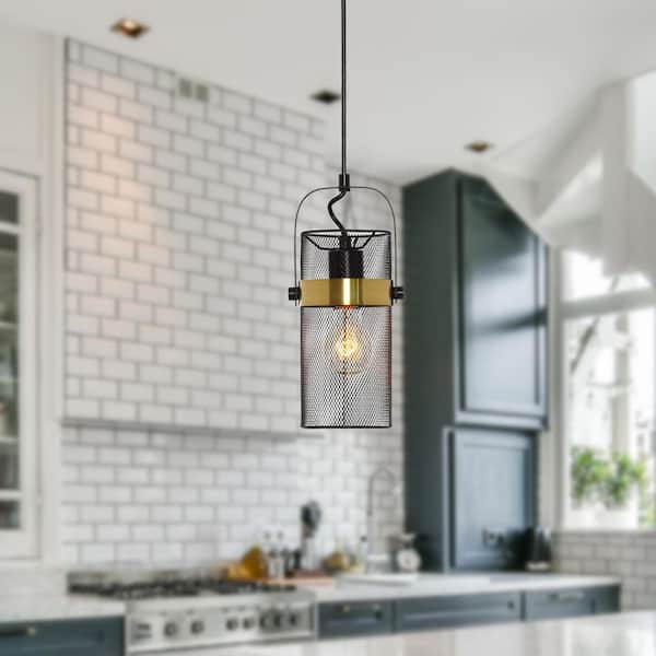 Hodge 5.25 in. 1-Bulb Black Metal Pendant Light with Black Mesh Drum Shade