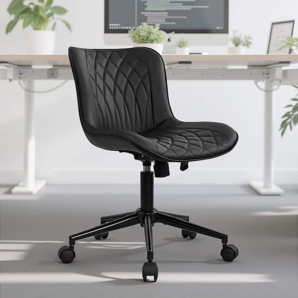 Quilted Faux Leather Office Chair, Ergonomic Upholstered Task Chair in Black Armless Task Chair for Home Office & Study