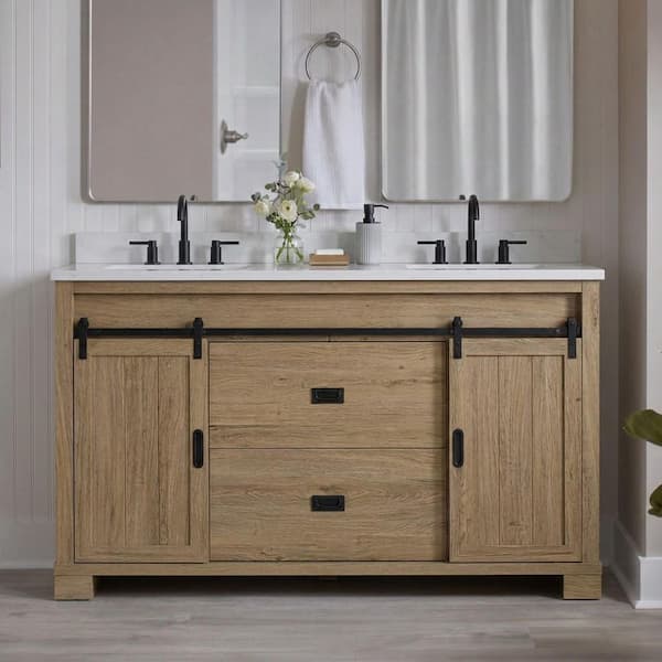Brindley 60 in. Double Sink Freestanding Aged Oak Bath Vanity with White Engineered Stone Top (Assembled)