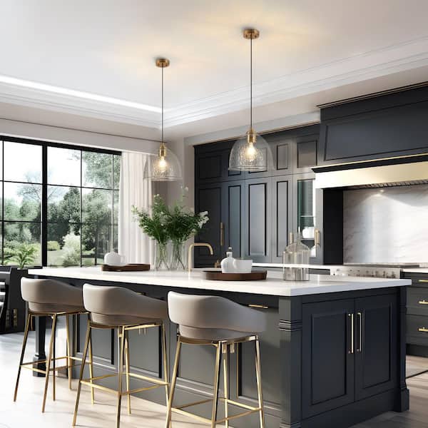 Modern Round Pendant Light 1-Light Electroplated Brass Circle Pendant Light for Kitchen Island with Water Glass Shade