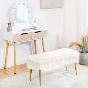 18 in. White Backless Fauxfur Ottoman Bench Modern Vanity Bench Bar Stool with Golden Legs