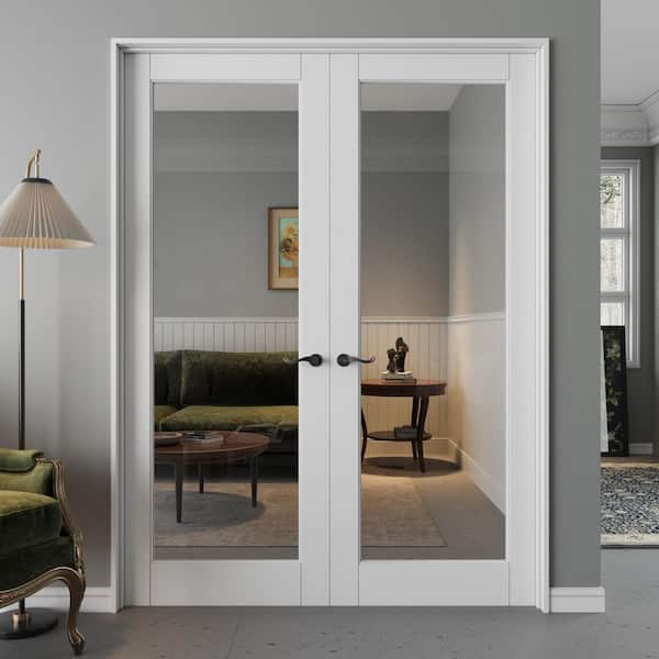 56 in. x 80 in. 1-Lite Clear Glass Universal-Hand White Solid Core Glass Assembly Required Double Prehung French Door