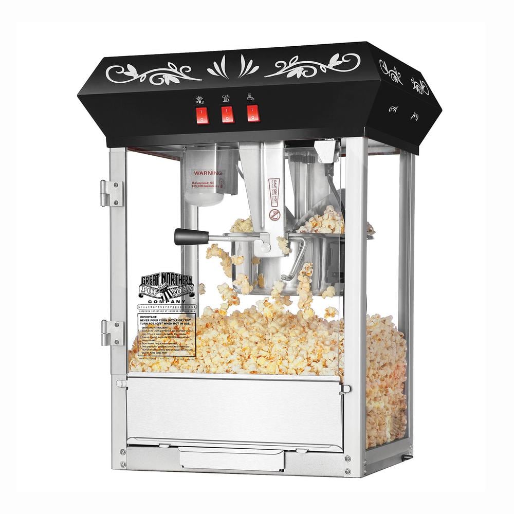 GREAT NORTHERN 4 oz. Black Foundation Countertop Popcorn Machine- 1.25 gal. Popcorn  Popper and 12 All-In-One Popcorn Packs 83-DT6039 - The Home Depot