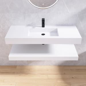 47 in. White Solid Surface Wall-Mounted Bathroom Vessel Sink and Shelves with Faucet Hole