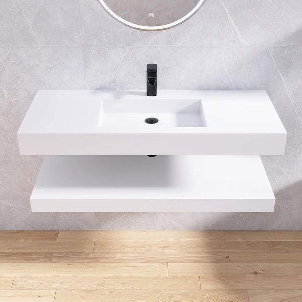 MEDUNJESS 47 in. White Solid Surface Wall-Mounted Bathroom Vessel Sink and Shelves with Faucet Hole