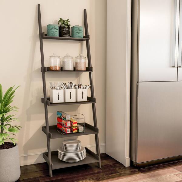 5 Tiered Slate Grey Leaning Ladder, Slanted Shelves Bookcase Grey